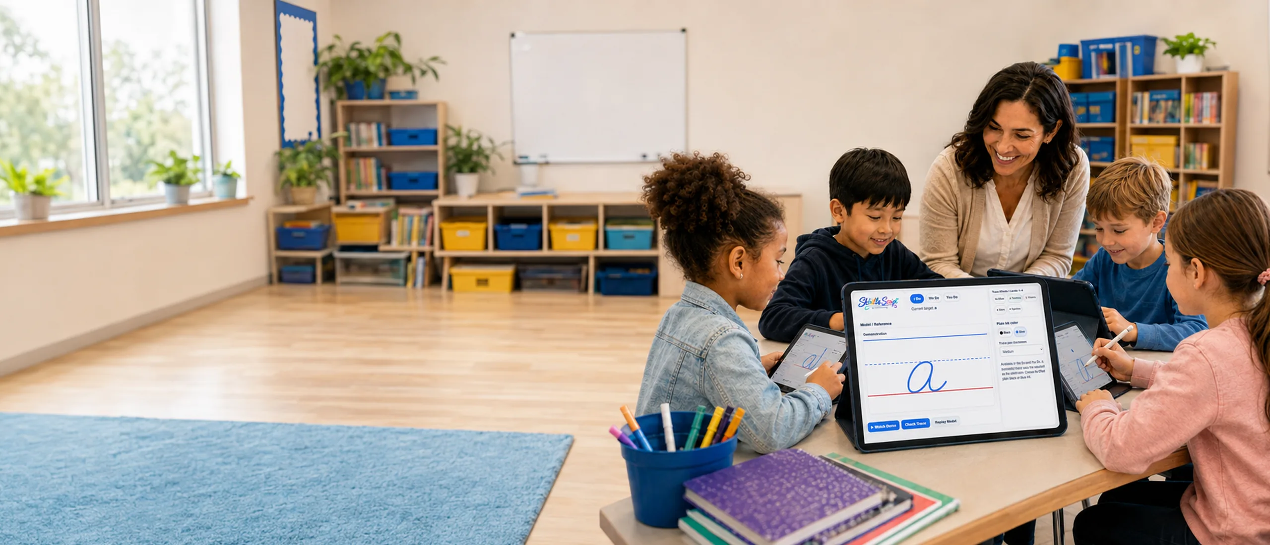 A girl writing a cursive capital A on a tablet, with classmates working behind her and a cursive alphabet on the wall.