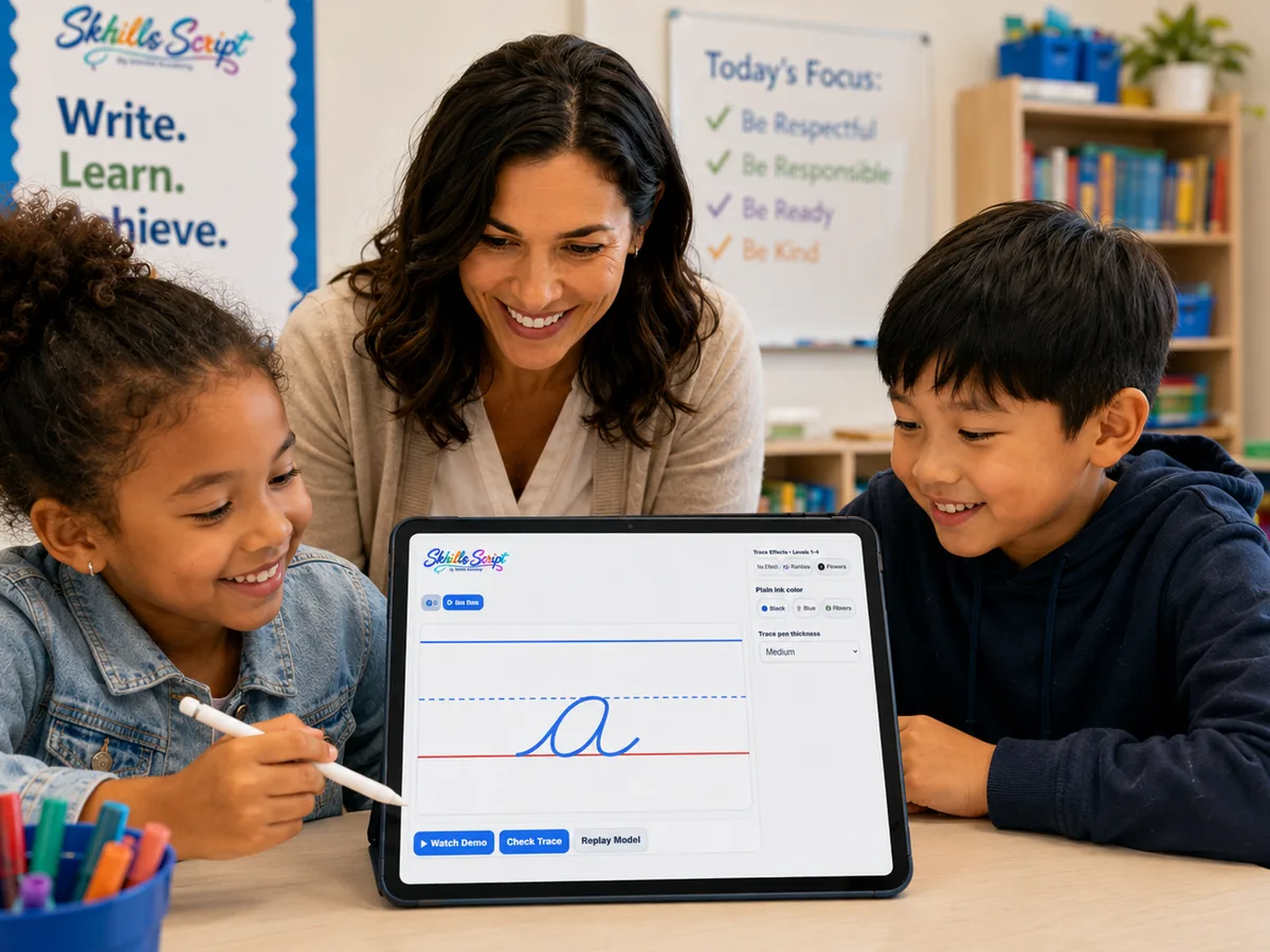 A child tracing a cursive a on a tablet while a teacher and another child watch.
