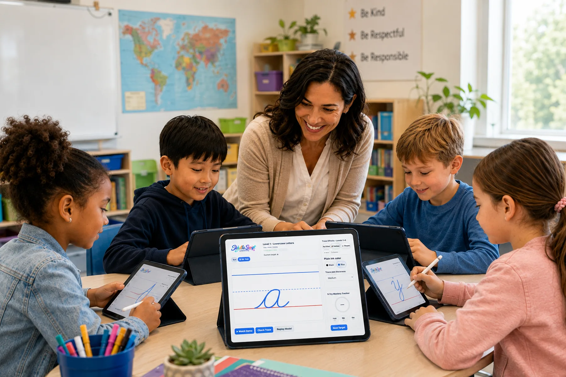 A teacher leaning over a table of four children, each tracing a letter on a tablet.