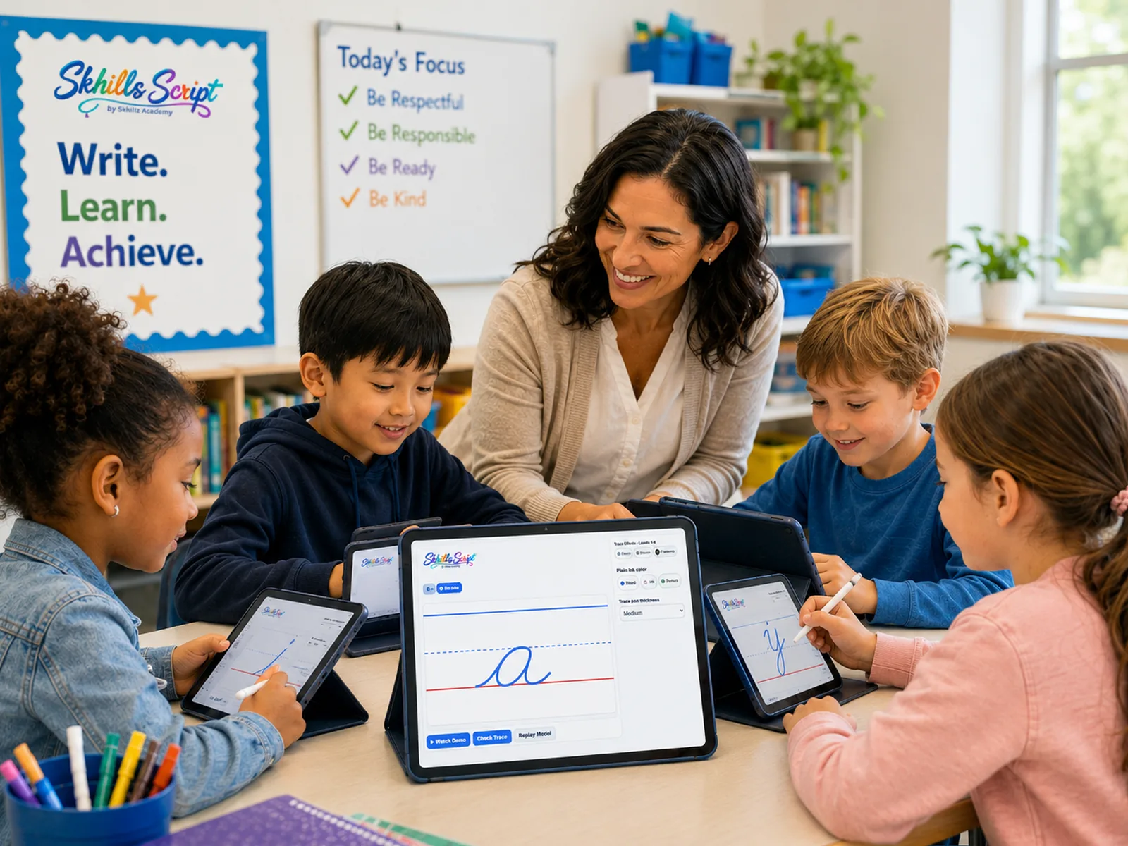 A child writing a cursive capital A on a tablet, with a class working behind her.